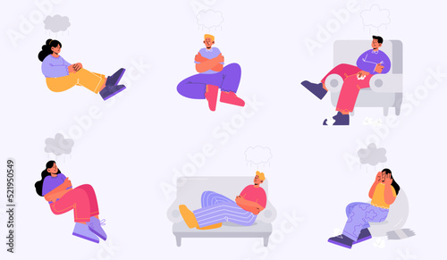 People with depression, sadness and mental health problems. Depressed and anxious characters feeling frustrated sitting under rainy cloud, pain and life issues Line art flat vector illustration, set