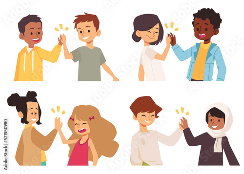 Children give high five greeting gesture, flat vector illustration isolated.