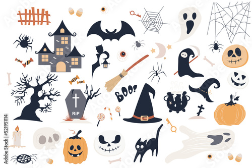 Halloween cute set in flat cartoon design. Bundle of old castle, bat, web, ghost, candy, tree, gravestone, broom, witch cap, key, pumpkin, black cat and other. Vector illustration isolated elements