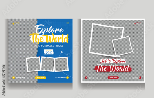 Set travel adventure social media pack template. grunge background of travel promotion web banner with logo. Travel flyer template for travel agency.