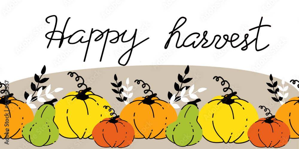 Happy harvest greeting horizontal banner with pumpkins in doodle style  