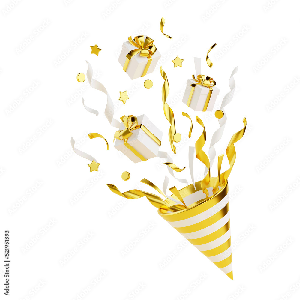 Golden party popper with flying confetti and gift boxes 3d render