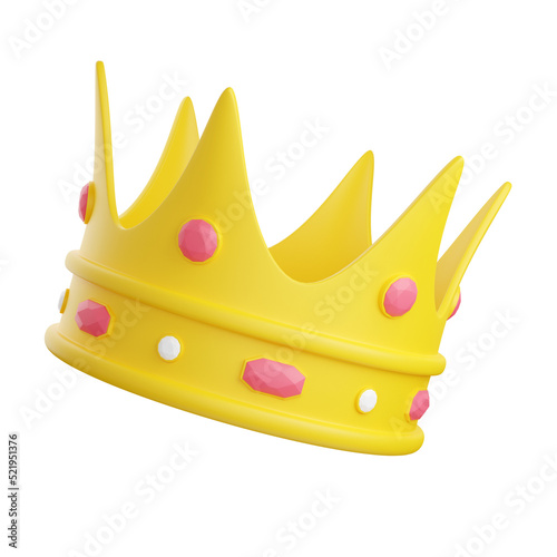 Yellow crown decorated with pink and white diamonds 3d render illustration. Birthday party or winning congratulation concept. Image of royalty or leader insignia.