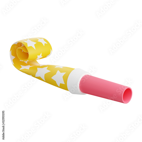 Party blower 3d render illustration. Pink and yellow rolled paper whistle with stars for birthday or holiday celebration concept. Party blowing horn noisemaker for new year carnival