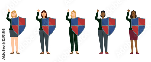 盾を持ったビジネスマンの人物イラストセット　セキュリティイメージ　世界の人々　ダイバーシティ女性