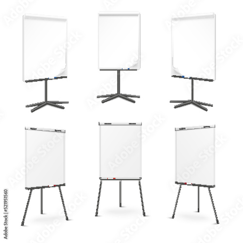 Flip chart on tripod with space for text, realistic vector illustration isolated on white background.