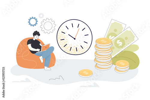 Freelancer working on laptop at home flat vector illustration. Man sitting on armchair and making money. Freelance, work concept for banner, website design or landing web page