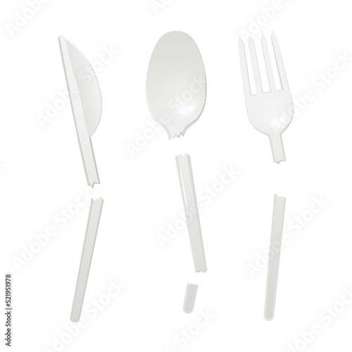 Broken plastic cutlery - fork  knife and spoon  realistic vector illustration isolated on white background.