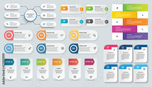 Collection of Business infographic design template with options, steps or processes. Can be used for presentation, diagram, annual report, web design, workflow layout