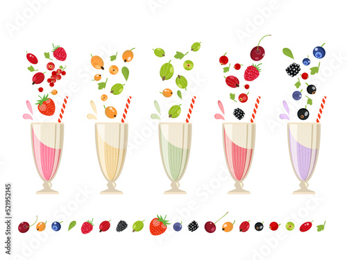Berry milk shake isolated set vector illustration. Refreshing protein cocktail with berry, juicy fruit beverage. Cranberry, blackberry, raspberry, strawberry, gooseberry and currant smoothie in glass