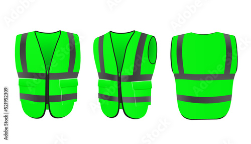 Safety vest front, back with visible fluorescent reflective elements in flat