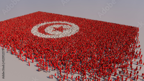Aerial view of a Crowd of People, congregating to form the Flag of Tunisia. Tunisian Banner on White Background. photo