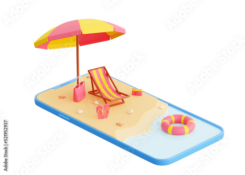 Summer beach vacation 3d render - cartoon scene of summer seaside vacation on sandy shore on smartphone screen. Sun lounger with umbrella and flip flops on tropical island surrounded by water.