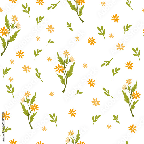 Floral Seamless Pattern. Botanical background with daisies and wildflowers. Perfect  for textiles, scrapbooking, clothing, wallpaper and prints. Vector cartoon illustration © PawLoveArt