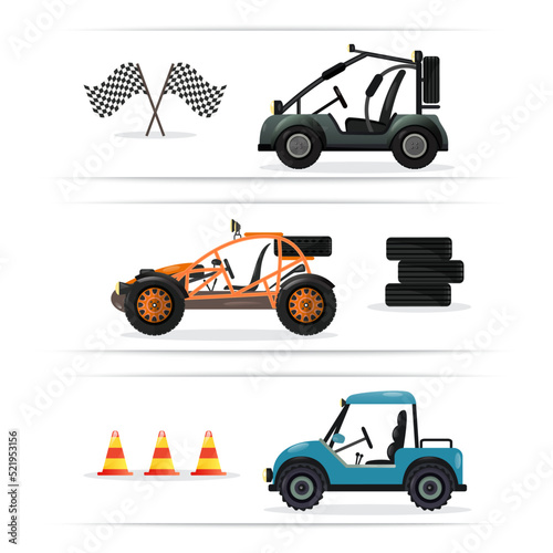 Off road buggy car set isolated on white background vector illustration. Terrain vehicle, motorbike, dune buggy, golf car element. Outdoor car racing, extreme buggy sport, off road trophy competition photo