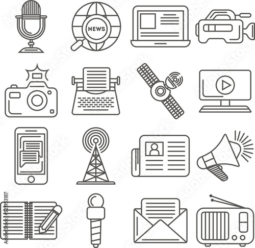 Social media and world news icon set isolated vector illustration. Online social network communication, mass media. TV, newspaper, internet, radio satellite, megaphone, broadcasting, camera pictogram