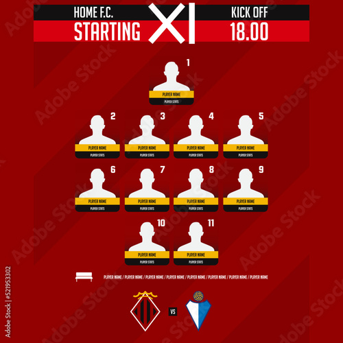 Football team formation, starting list or lineups infographic template. Set of football player position on soccer field.  Football kit, soccer jersey icon in flat design. 