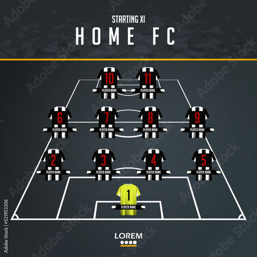 Football team formation, starting list or lineups infographic template. Set of football player position on soccer field.  Football kit, soccer jersey icon in flat design. 