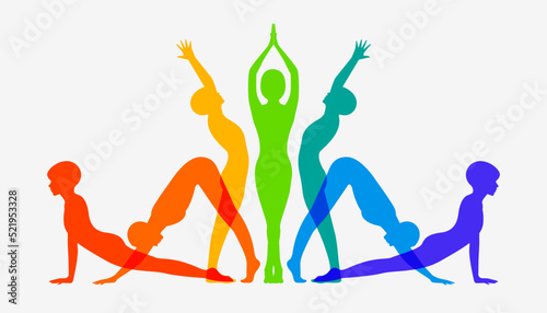 Detailed colorful silhouette yoga pose or asana posture. Women exercising for body stretching. Fitness Concept. Gymnastics. Aerobics. Vector illustration.