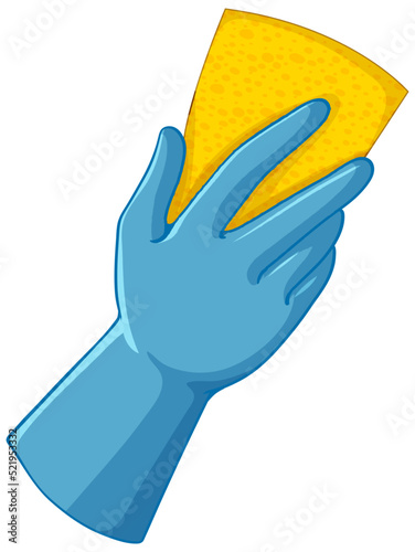 Human hand wearing glove holding sponge for cleaning