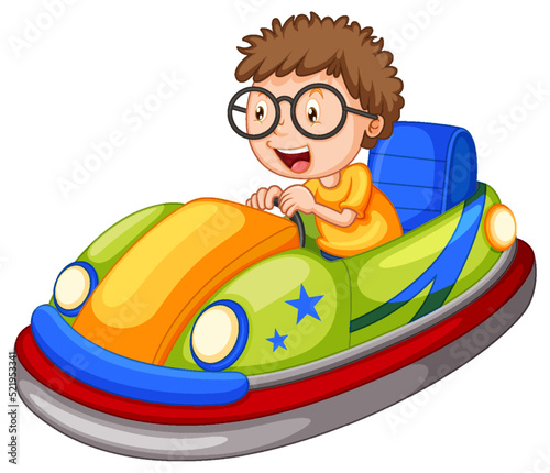 Little boy driving bumper car in cartoon design