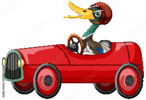 Cute duck wearing helmet driving racing car