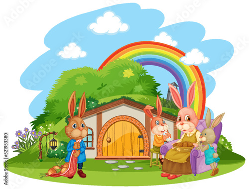 Rabbit at hobbit house on white background