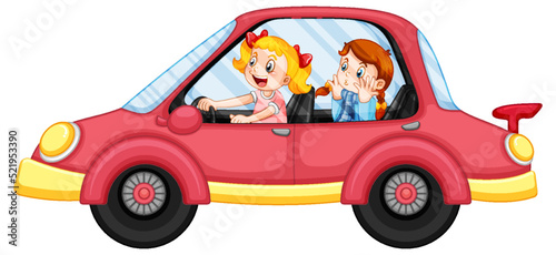 Kids in a red car in cartoon style