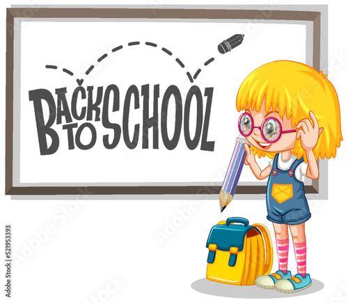 Girl holding pencil cartoon character with back to school on blackboard