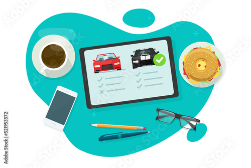 Car auto compare rental vector or automobile vehicle comparison review from online dealer internet store on tablet, concept of purchase or buy, history digital auction check list info, checklist image