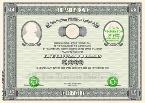 Vector fictional 5000 US dollar treasury bond. Vintage frame with a pattern. Green bank seals. Banknote in the amount of five thousand dollars. Madison photo