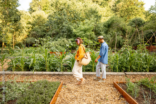 Man and woman walk between vegetable beds at home garden on farmland. Concept of local growing of organic products and sustainable lifestyle