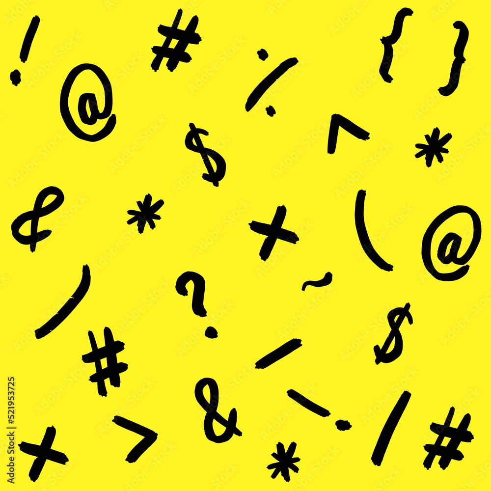 pattern with the image of keyboard symbols. Punctuation marks. Template for applying to the surface. yellow background pattern with the image of keyboard symbols. Punctuation marks. Template for applying to the surface. yellow background