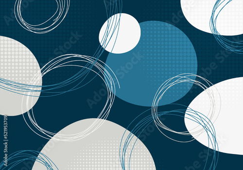 Abstract blue and white harmony circle style with dots halftone pattern. Overlapping artwork with hand drawing background.