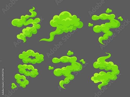 Bad smell fart set. Green smelly toxic clouds in cartoon style. Comic smoke collection, illustration of stinky odor such as fart, cigarette, breath, rotten food or garbage. Chemical poison fume