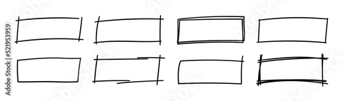 Hand drawn rectangle frames. Grungy scribble rectangle frames. Doodle geometric borders. Pen ink empty black text boxes set. Vector illustration isolated on white background.