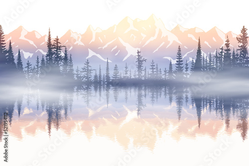 Sunset on the lake, picturesque reflection. Mountain landscape, panoramic view of ridges and forest in fog, vector illustration.