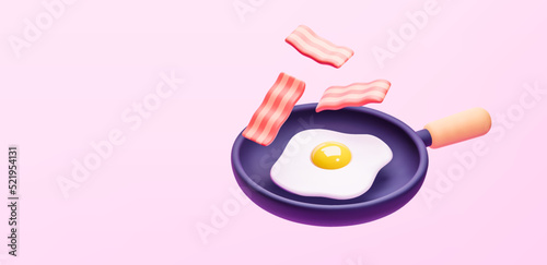 3D render fried egg in a cast iron skillet isolated on pink background vector illustration. Breakfast and home cooking concept.