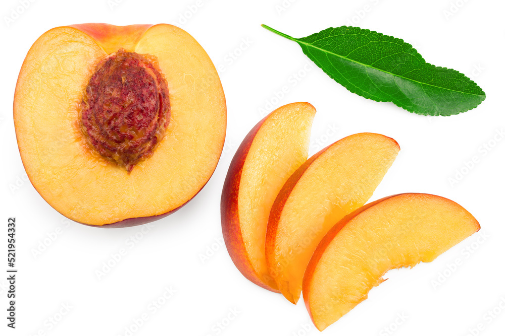 sliced peach fruit with green leaf isolated on white background. clipping path sliced peach fruit with green leaf isolated on white background. clipping path