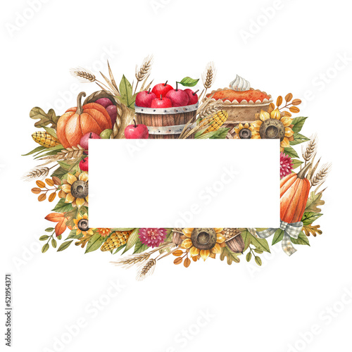Fototapeta Naklejka Na Ścianę i Meble -  Harvest day, thanksgiving day watercolor frame with sunflowers, pumpkins, ripe apples, pumpkin pies, autumn leaves and flowers. Template for creating postcards, holiday flyers