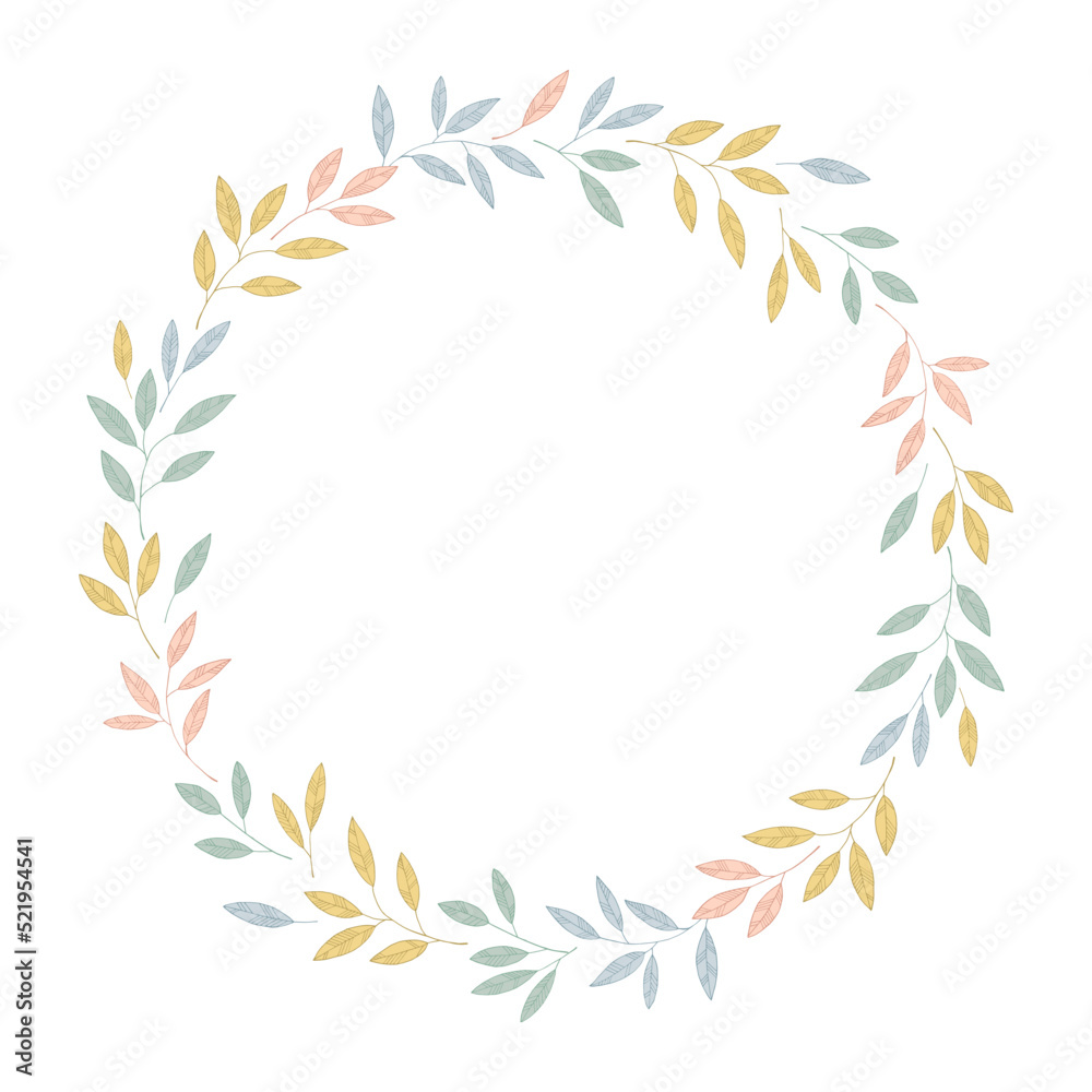 Hand drawn leaves round frame. Vector illustration can be used for fabrics, textile, web, invitation, card, wrapping paper.