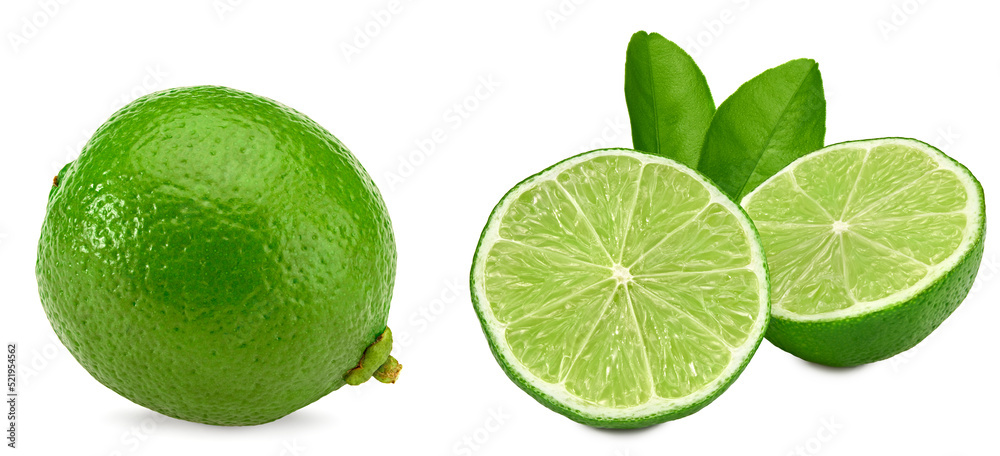 green lime with slice and green leaves isolated on white background. clipping path