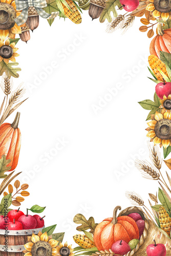 Harvest day, thanksgiving day watercolor frame with sunflowers, pumpkins, ripe apples, autumn leaves and flowers. Template for creating postcards, holiday flyers, advertisements in vintage style.