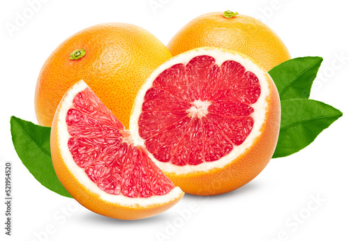 grapefruits with cut of grapefruit and green leaves isolated on white background. clipping path