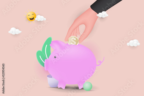 Hand inserts a coin into the piggy bank. 3d vector illustration.