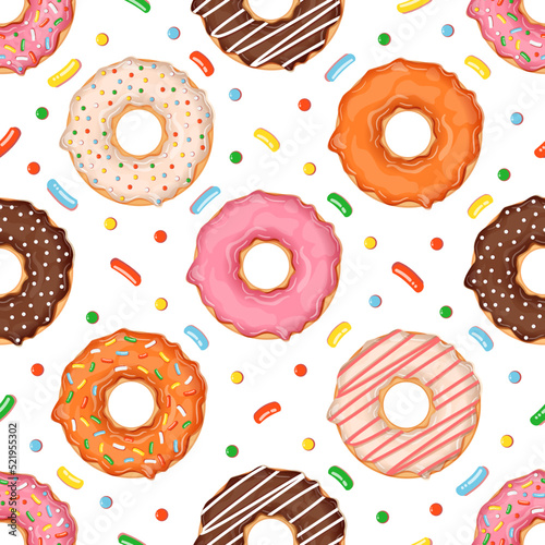 Seamless pattern with donuts of different flavors and toppings. Vector illustration for fabrics, textures, wallpapers, posters, cards. Editable elements.