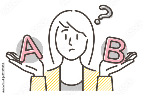 Woman wondering which is better, A or B. [Vector illustration].