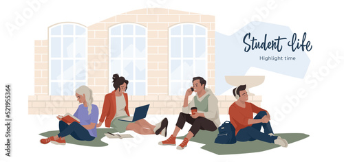 Student life. Schoolchildren and students rest in the courtyard of the campus. The girl is reading. Student with a laptop. The guy listens to music, talking on the phone. Vector image.