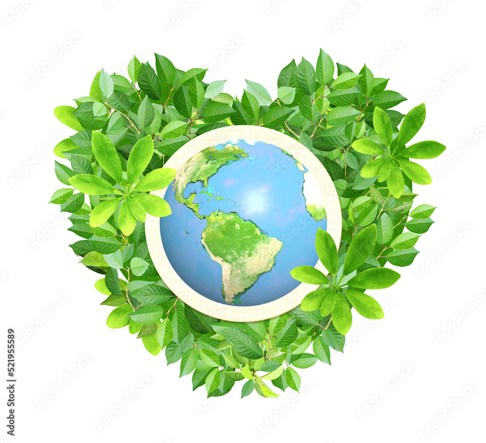 3d Earth planet and heart made from green leaves. Isolated on white background