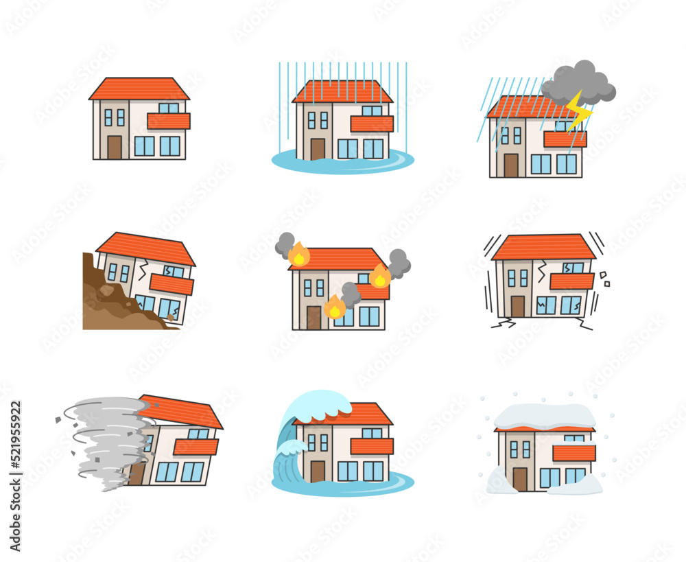住宅の様々な災害のイラスト（線あり）